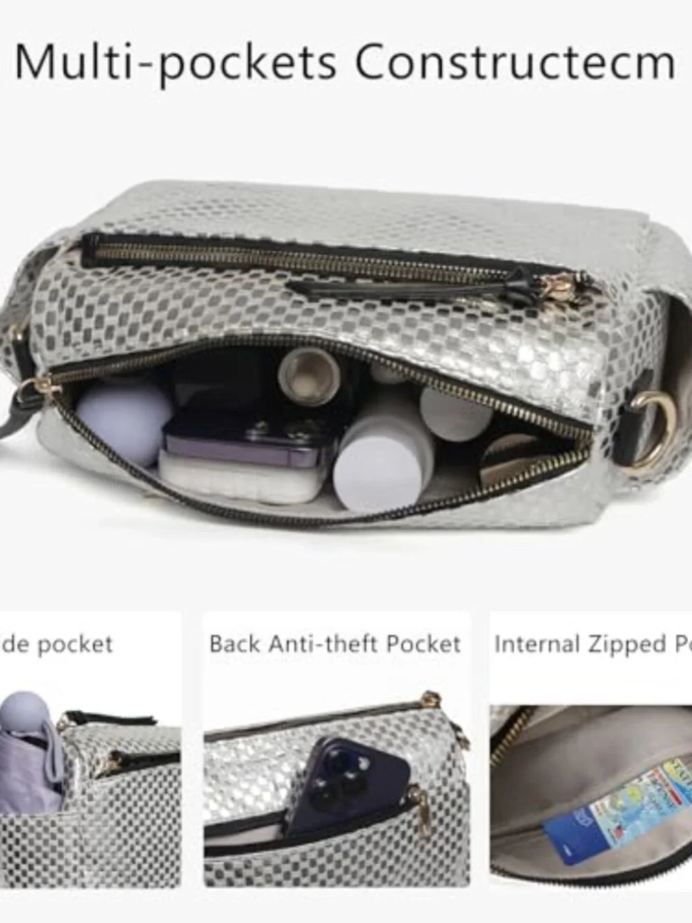 Checkered Crossbody Bag with Adjustable Strap | Nylon Quilted Purse 3 Zips for
